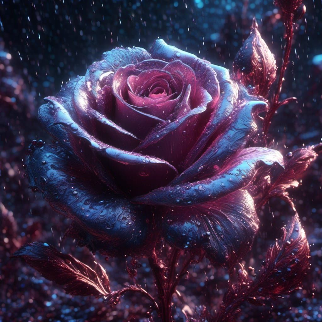 Opalescent Holographic Rose with Suspended Raindrops