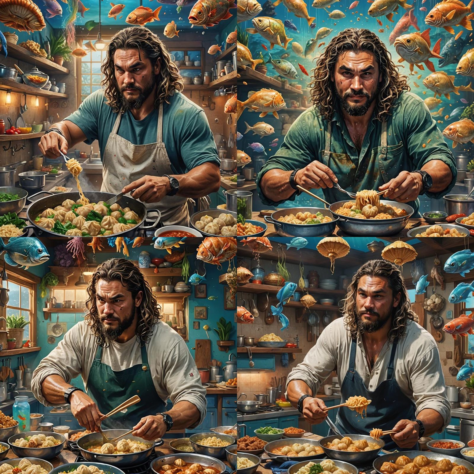 Hyperrealistic Jason Mamoa Cooking Underwater