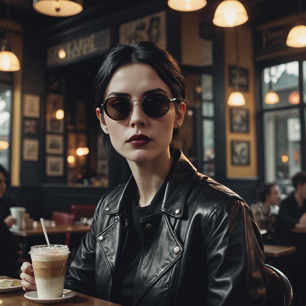 Gothic Woman in Cafe: Cinematic Film Still