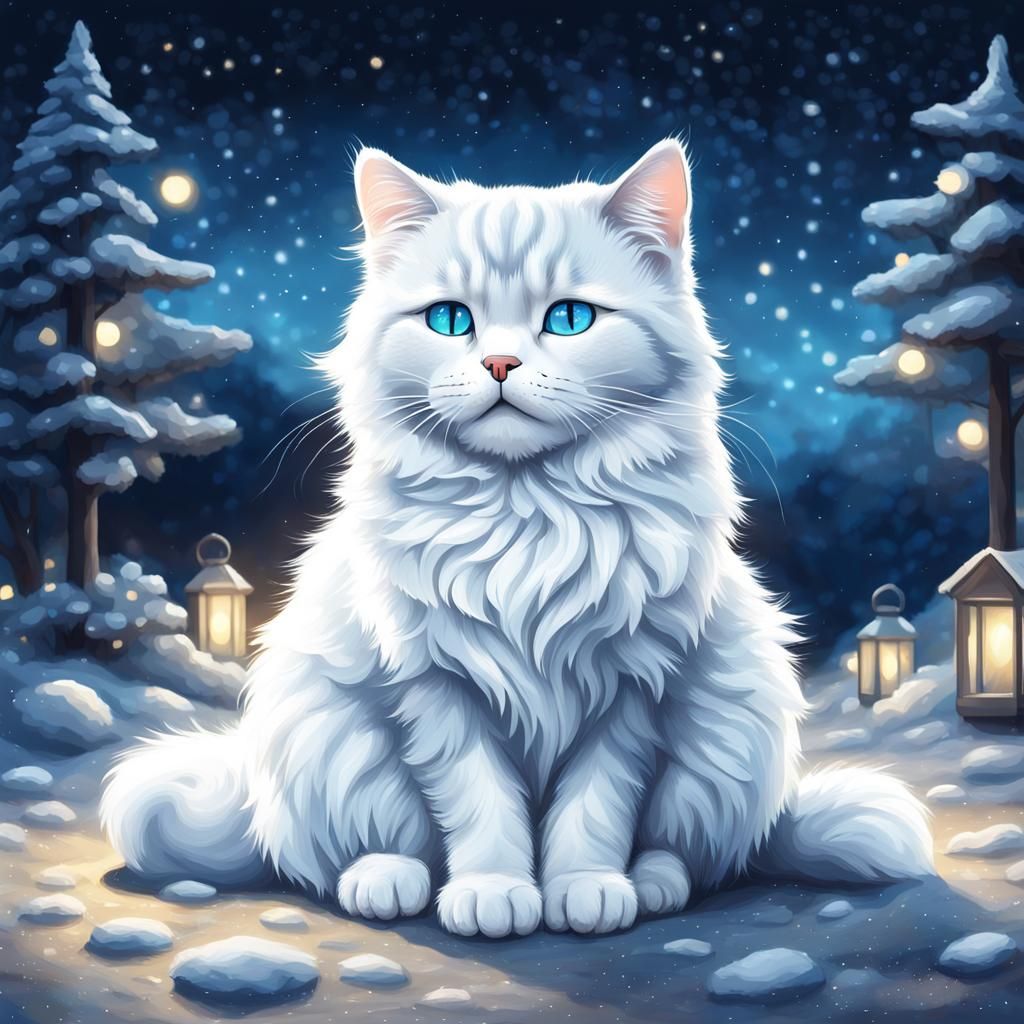 Cute White Cat Sleeping Under Twinkling Lights