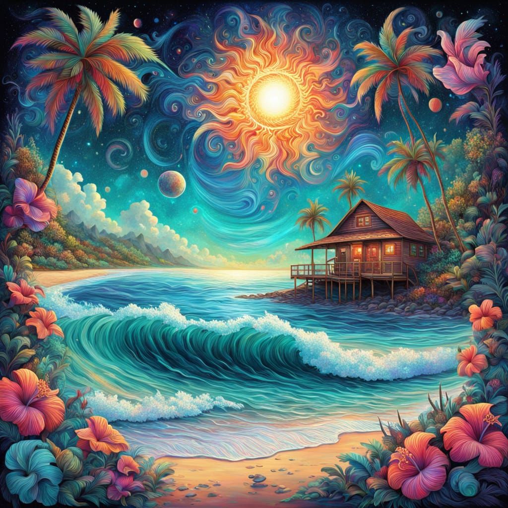 Vibrant Sun Shining on Quaint Beach Cottage in Tropical Para...