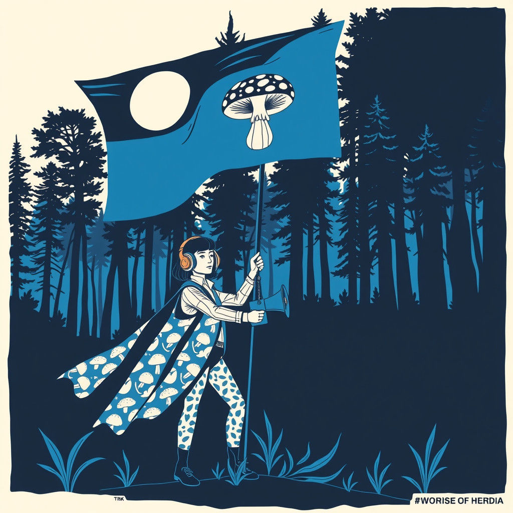 Mushroom Accountants in Blue and White Linocut Style