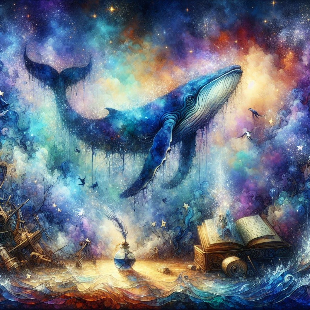 Whale in Starry Underwater Scene, Art Nouveau Style
