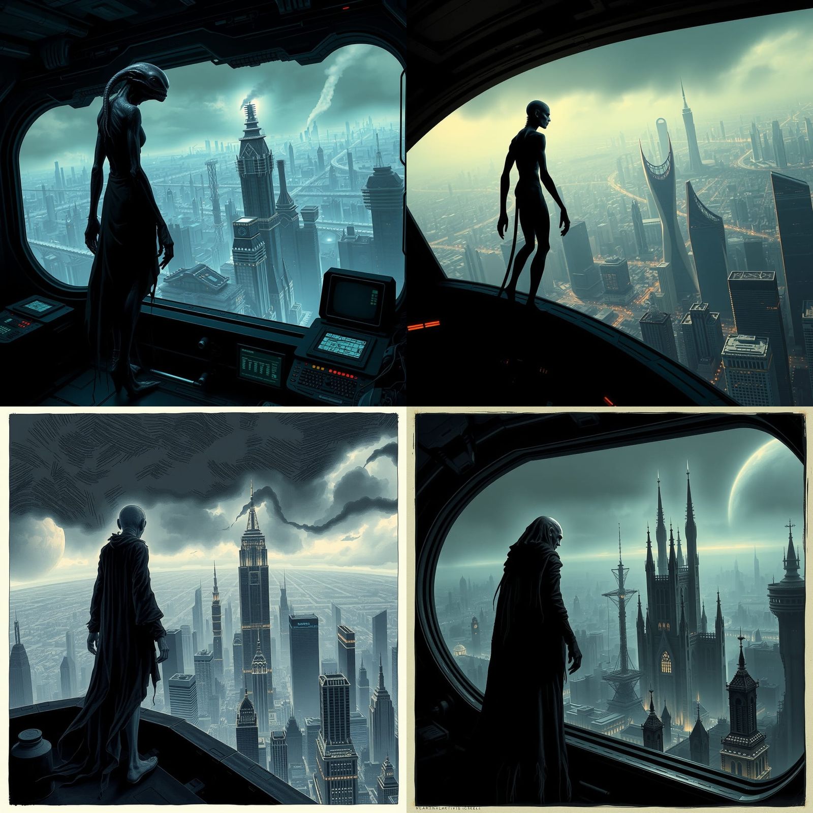 Alien Observes Metropolis from Spaceship, Horror Aesthetic