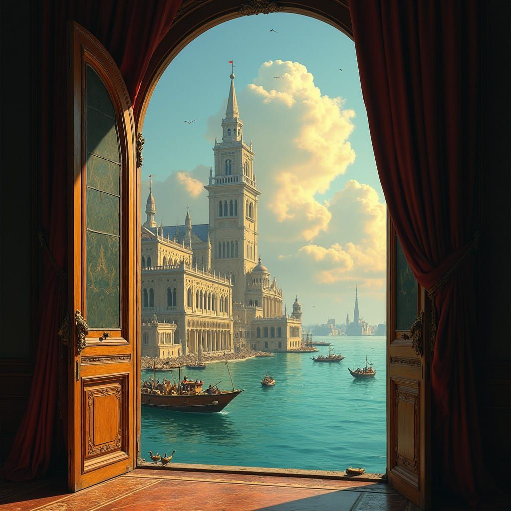 Dreamlike Waterfront Cityscape in Rich Painterly Style