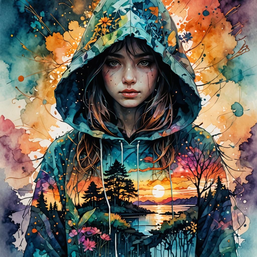 Fantasy Double Exposure: Watercolor Summerscape Sunset