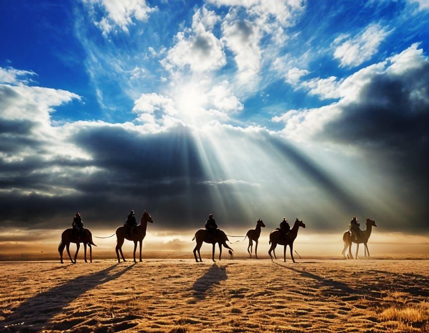 Desert Scene with Camels in Divine Sunshine