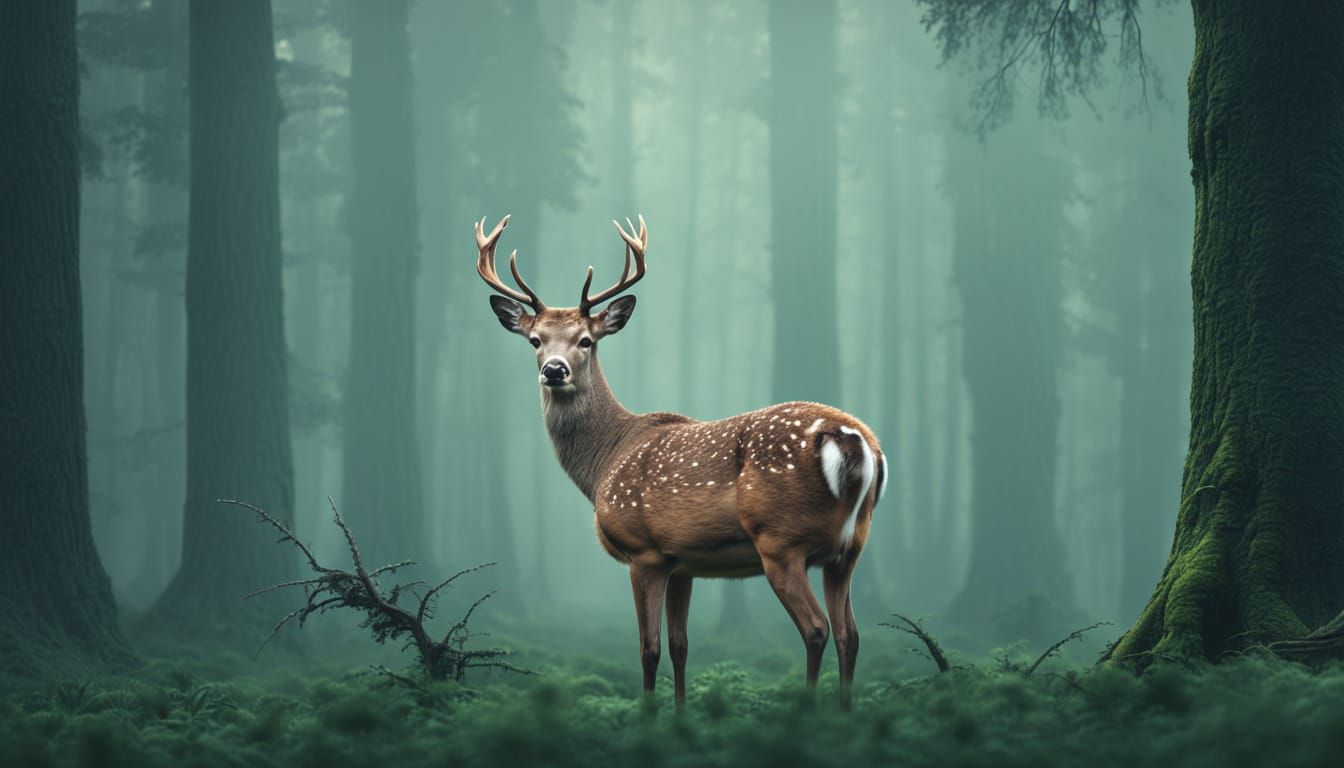 Solitary Deer in Misty Forest Photorealistic Illustration