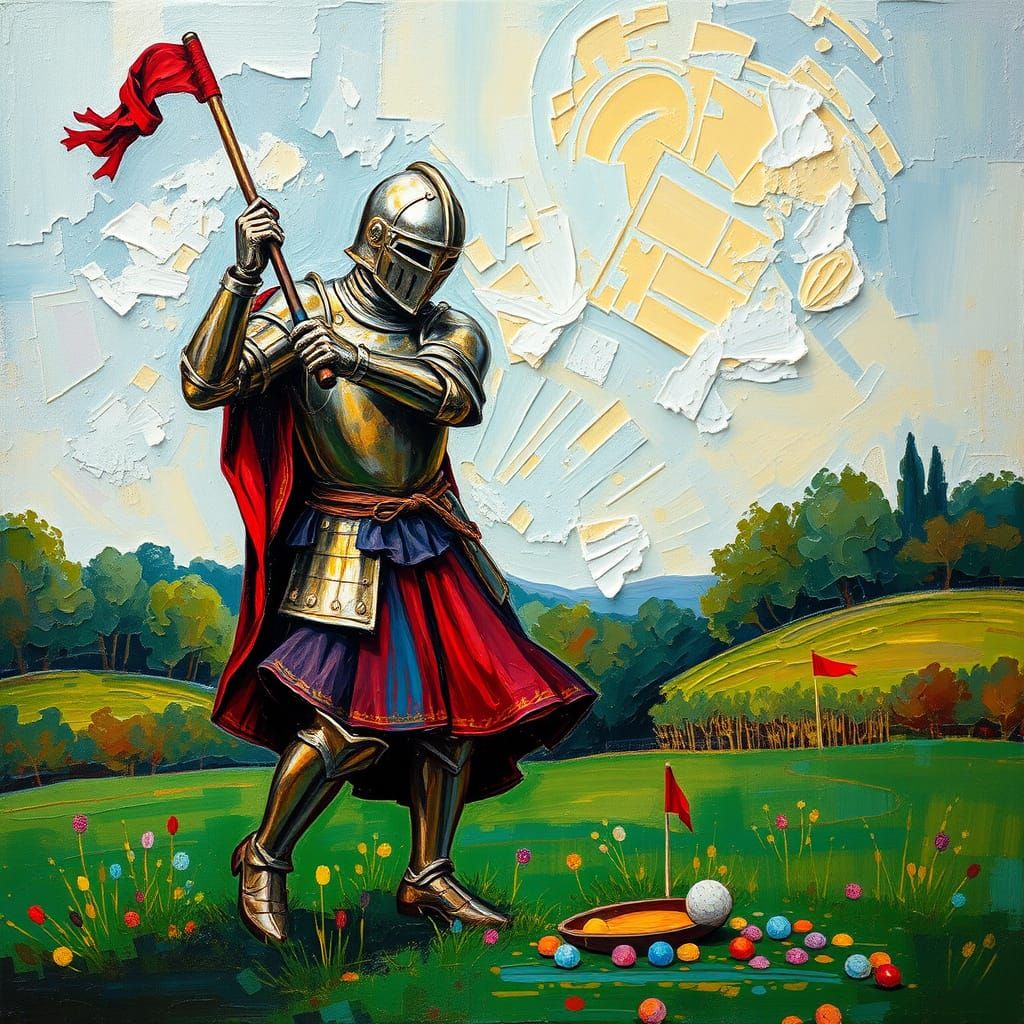 Medieval Knight Tees Off in a Vibrant Neo-Impressionist Mast...