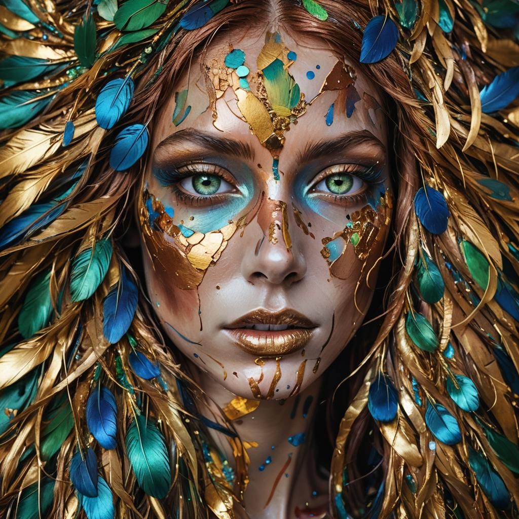 Abstract Portrait: Metallic Woman with Colorful Feathers