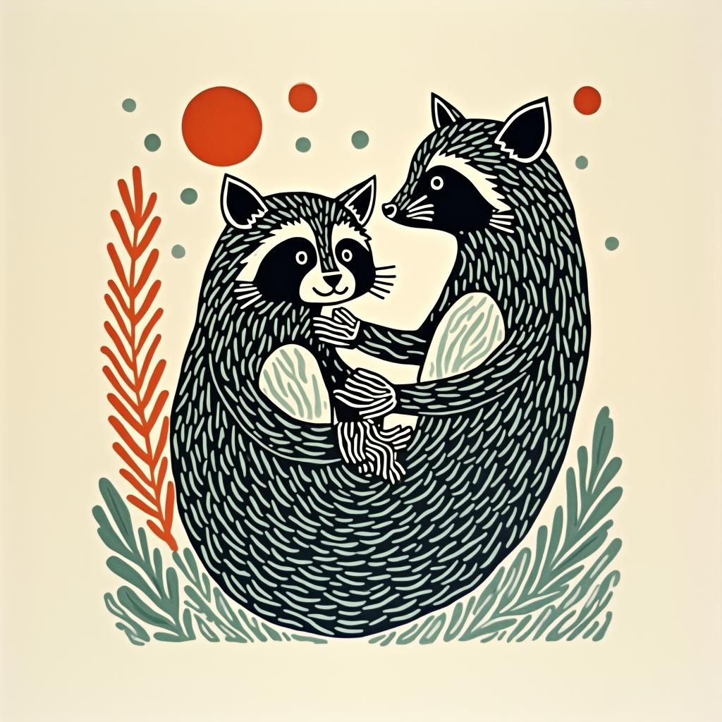mermaid raccoon. woodcut, linocut, relief print, minimalist,...