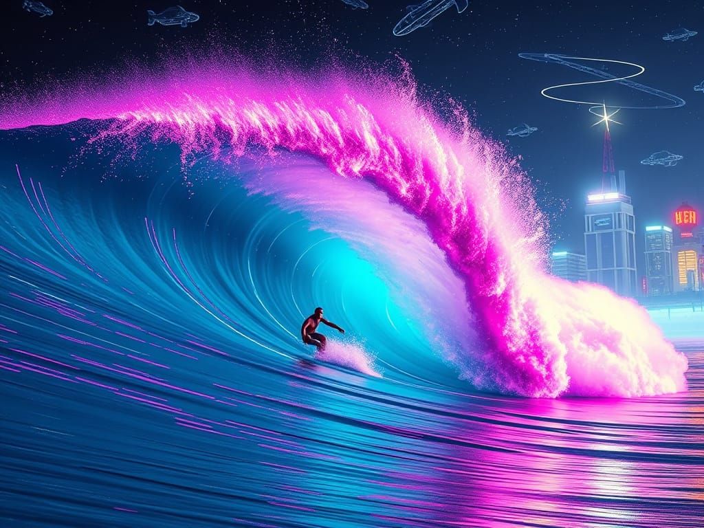 Surreal Cyberpunk Surf Scene with Glowing Neon Wave