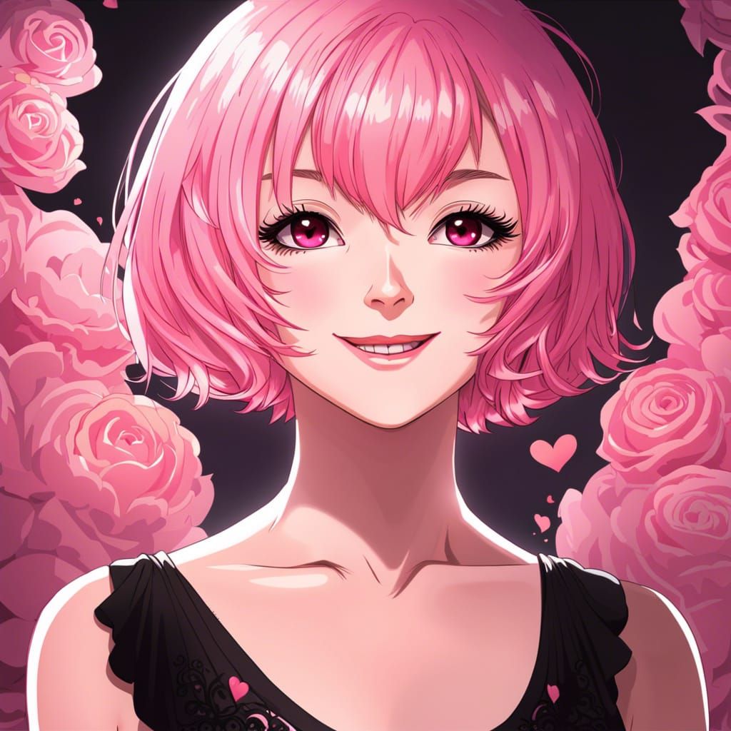Anime Portrait: Woman with Pink Hair and Heart Pupils