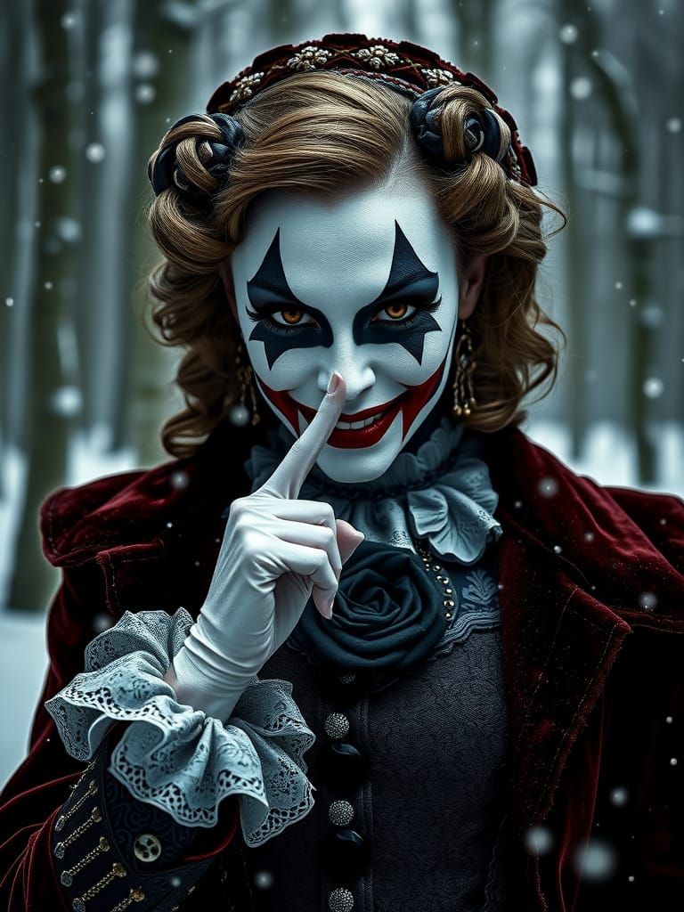 Victorian Harlequin's Sinister Silence: Hyperrealistic Winte...