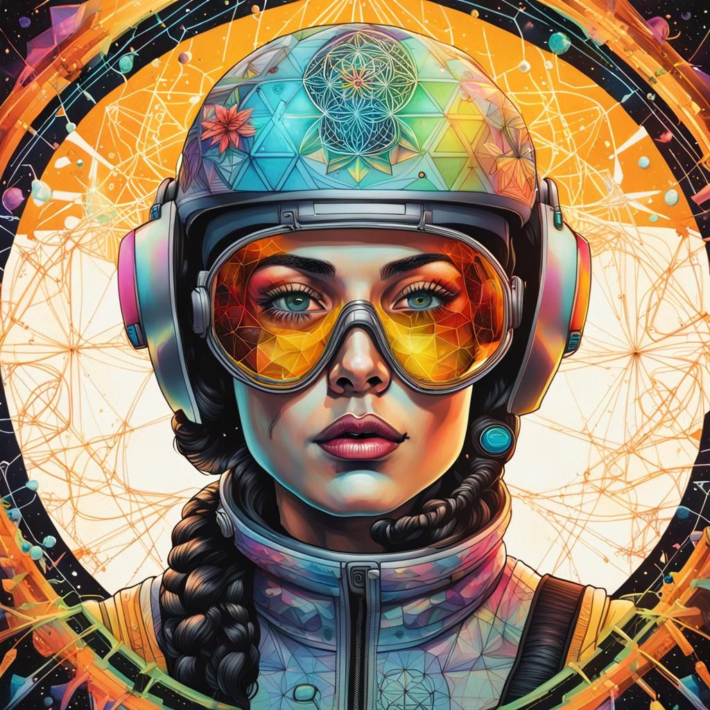 Woman in Space Helmet with Geometric Tattoos