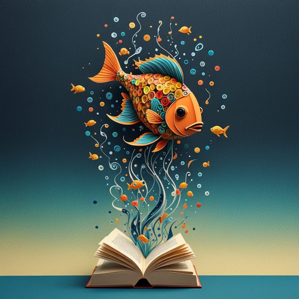 Surreal 3D Art Fish Rise Above Vintage Book