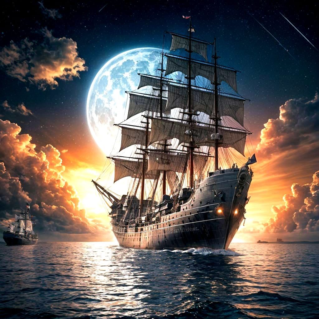 Ancient Warship Under a Dramatic Moonlit Starry Sky