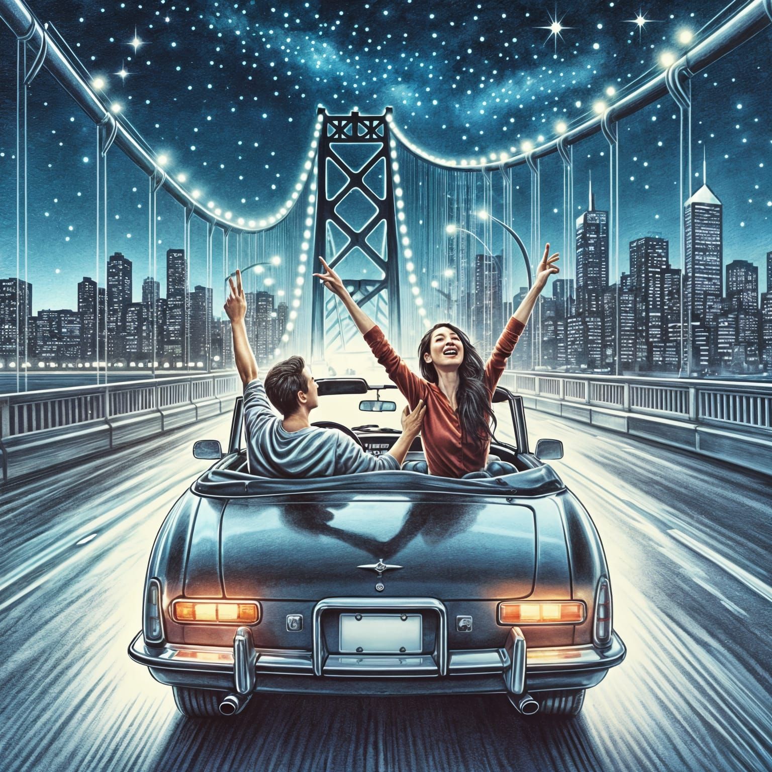 Convertible Joyride at Night in Colored Pencil Style