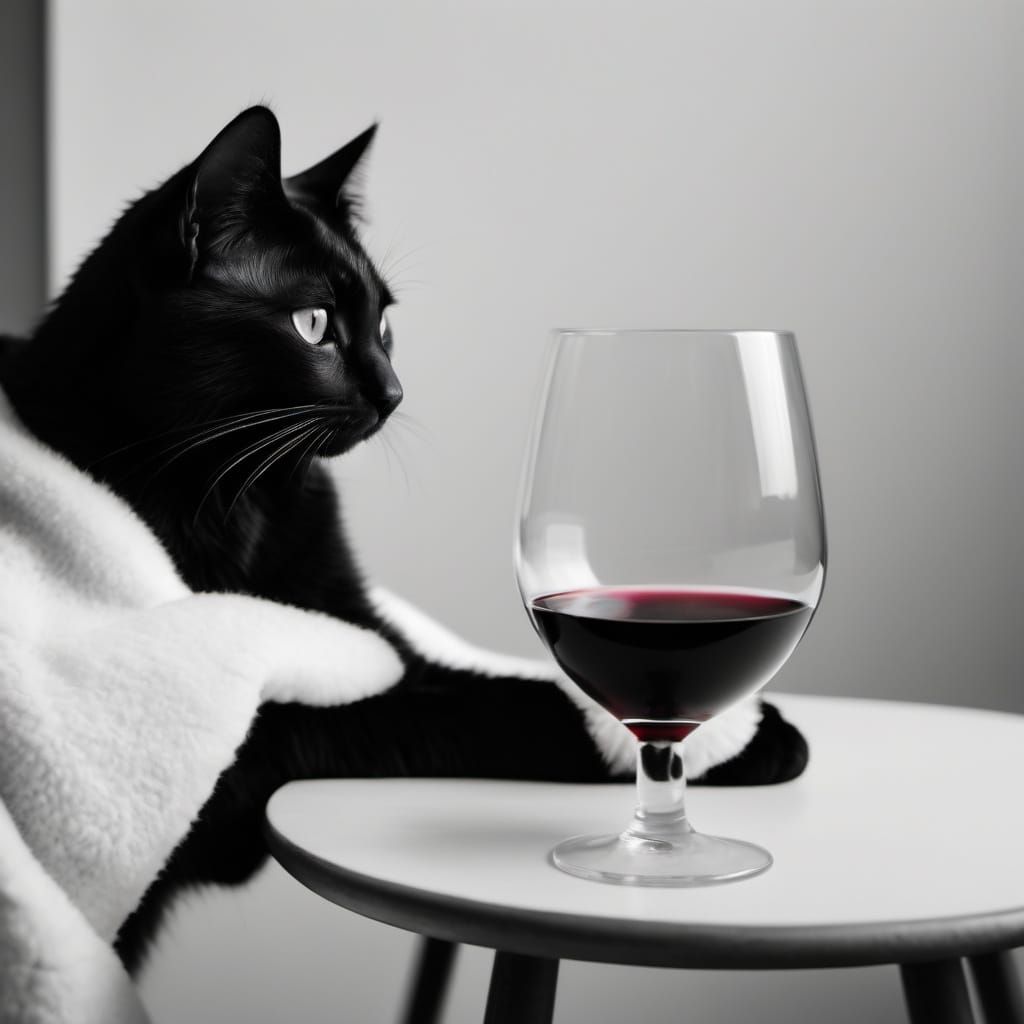 Minimalist B&W Photo: Hand, Wine Glass, and Cat