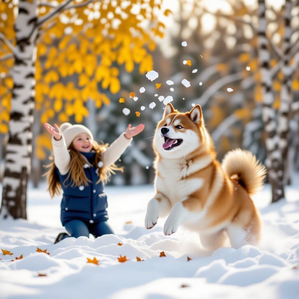 Akita Dog Jumps for Snowflakes with Girl