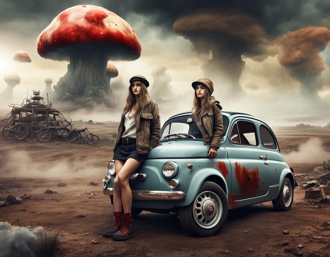Post-Apocalyptic Woman and Fiat 500 in Watercolor