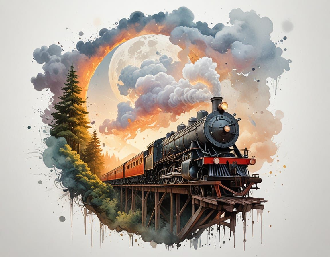 Vintage Steam Train Crosses Cloud Sea Bridge