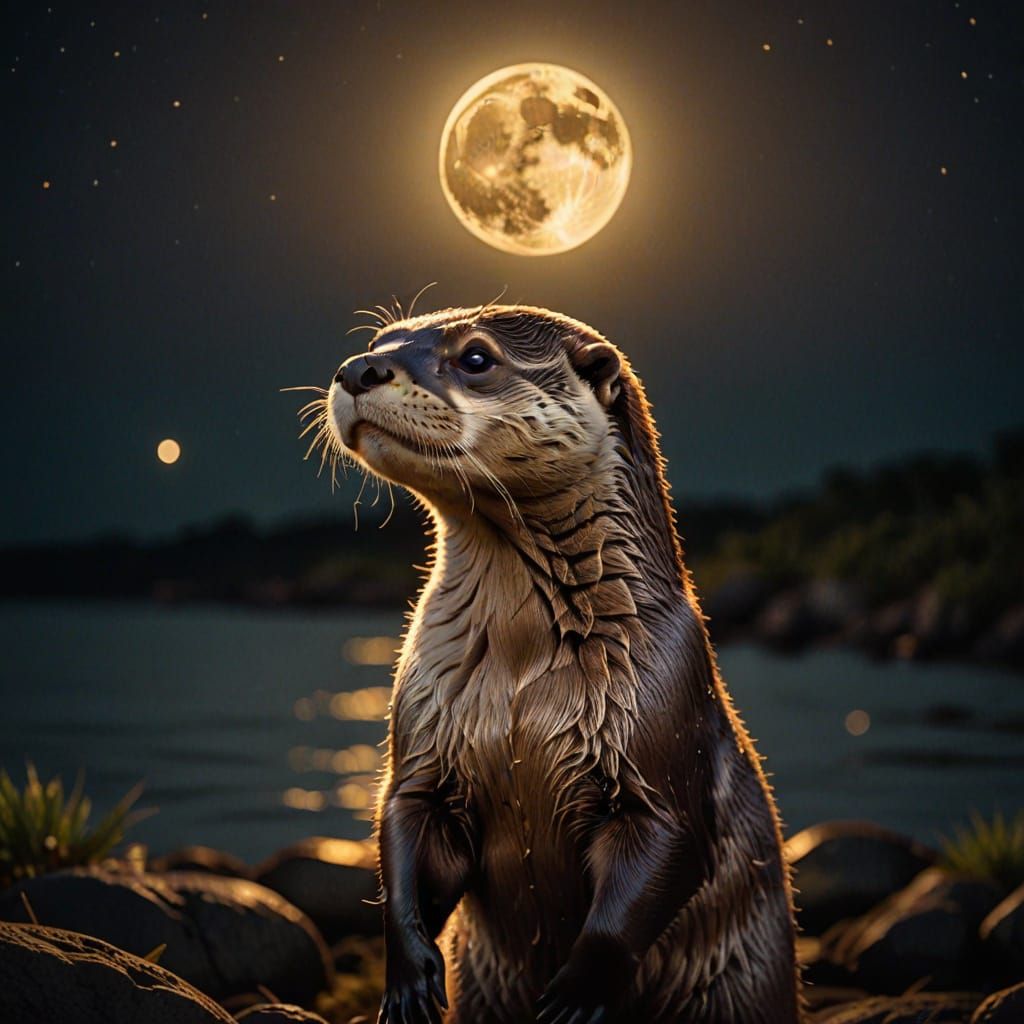 Otter Gazing at the Golden Midnight Moon
