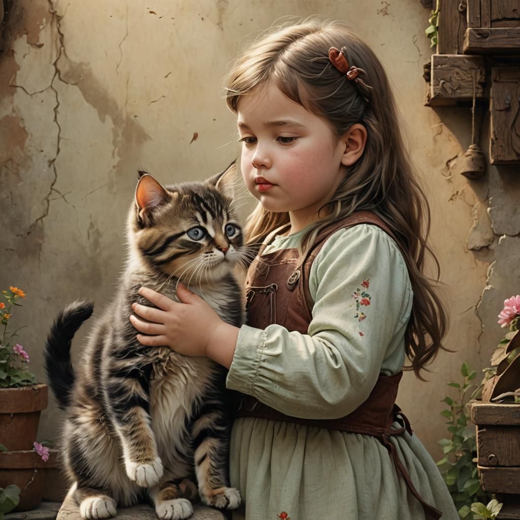 Girl and Kitten: A Matte Painting of Friendship