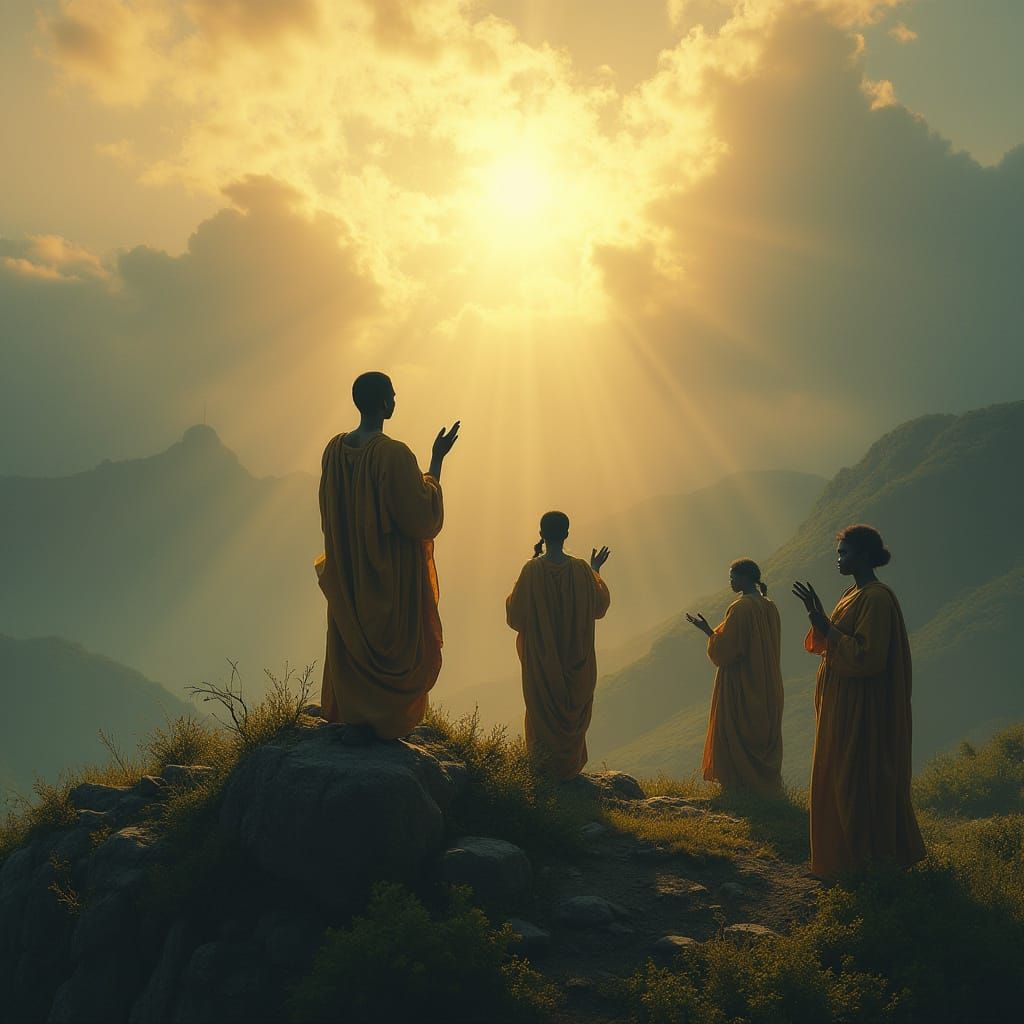 People Praying as Light Shines Down From Heaven