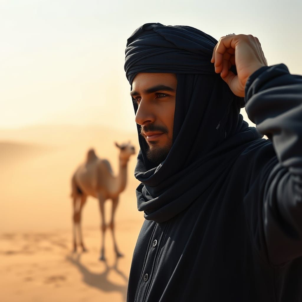 Desert Nomad Prepares for Sandstorm in Veil