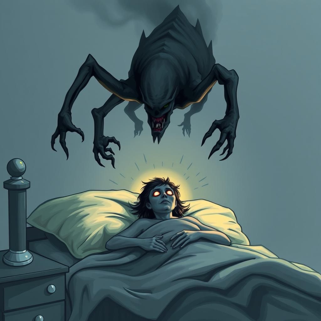 Nightmarish Dream: Monster Hovering Over Sleeper