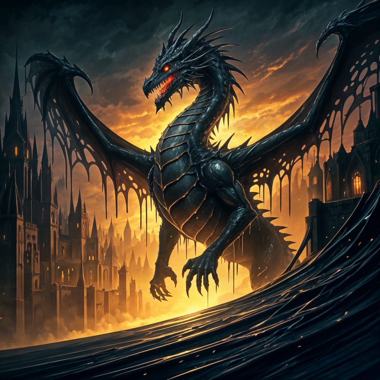 Majestic Ink Dragon Masterpiece in Dark Fantasy Kingdom