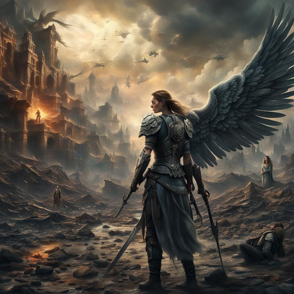 Apocalyptic Warrior Angel and Young Woman