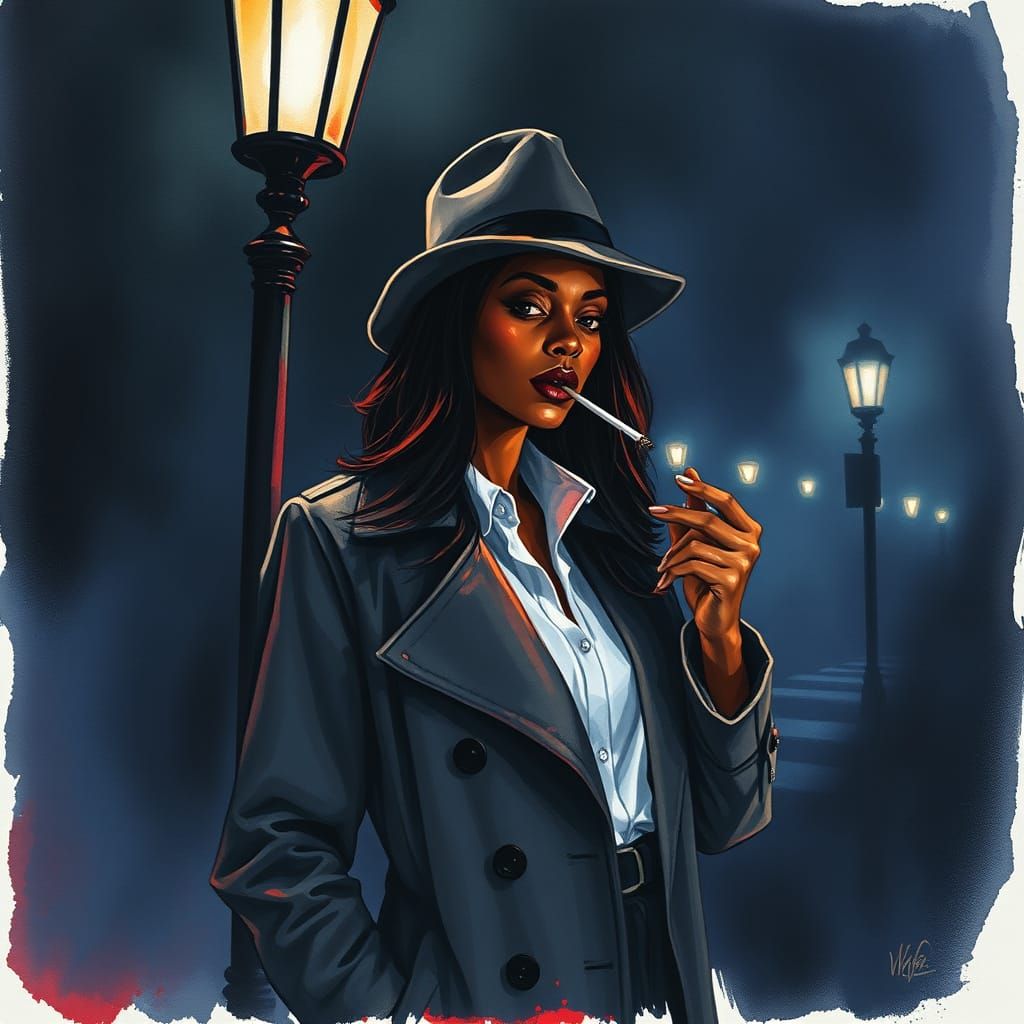 Noir Detective in Foggy Street, Watercolour Sketch