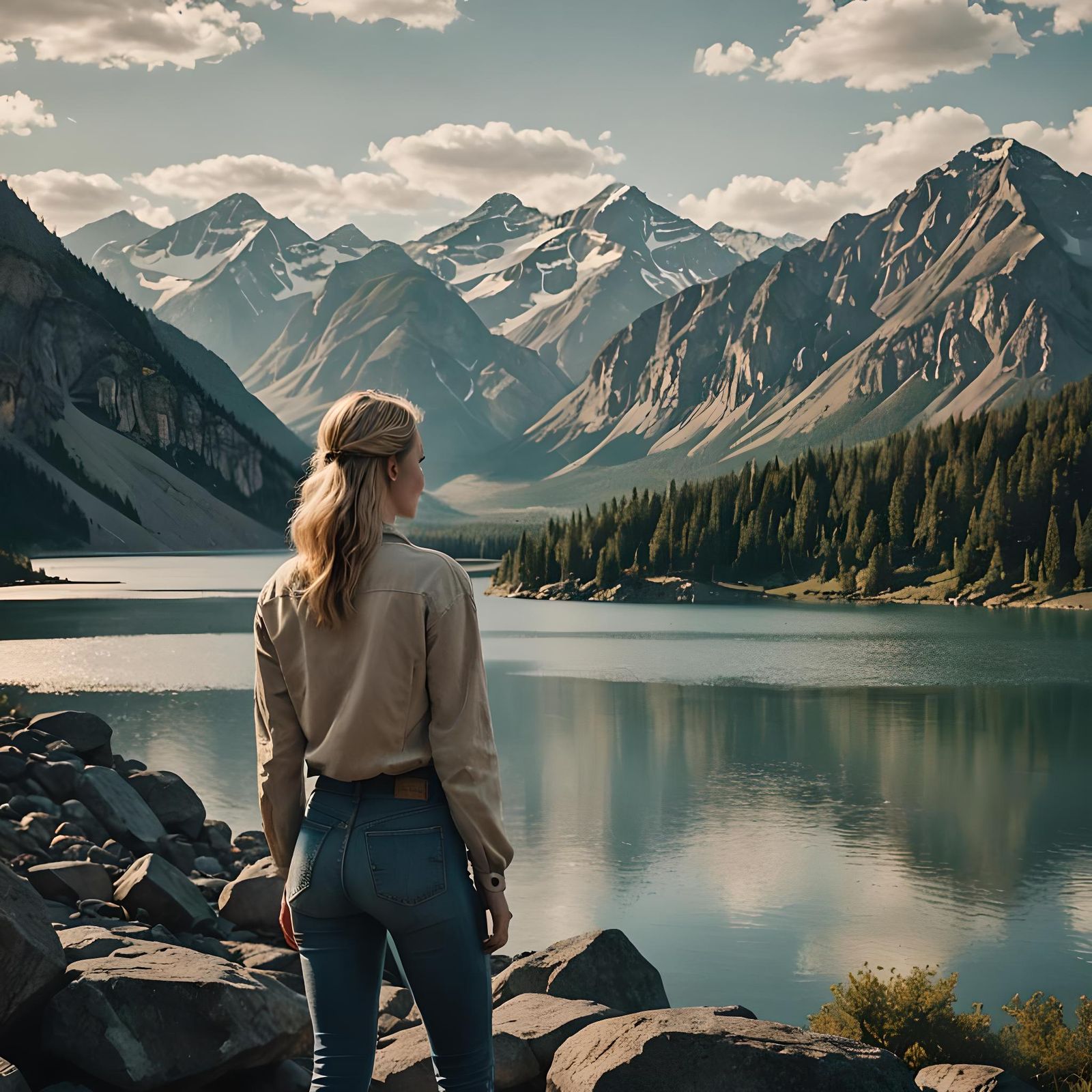 Girl Gazing at Mountain Lake: Cinematic Film Still