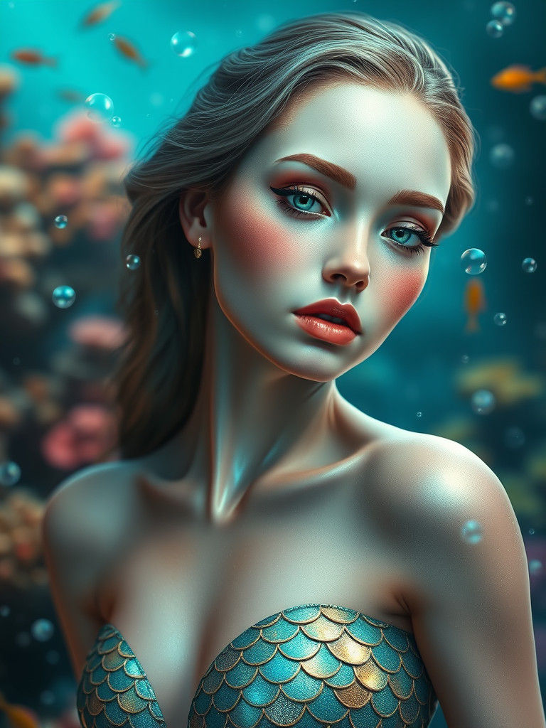 Serene Mermaid in Bioluminescent Underwater Scene