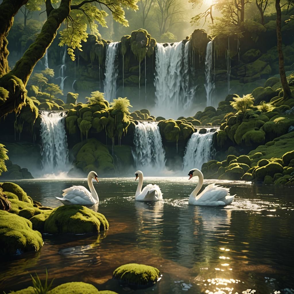 Swans in Lake with Waterfalls: 3D Game Cinematic
