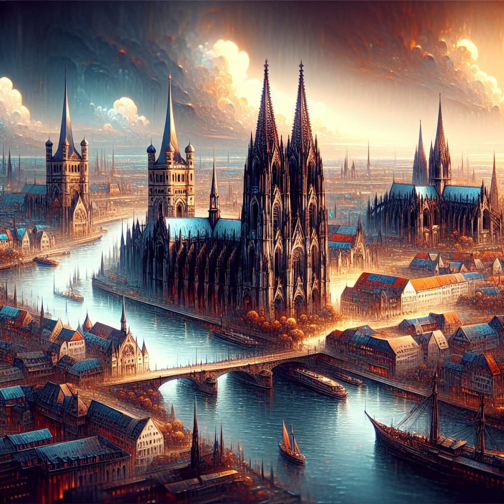 Fantasy Cologne Cathedral and Rhine River Postcard