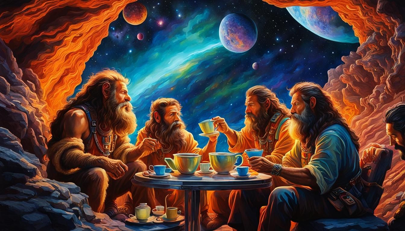 Cavemen's Tea Break: Vibrant Space Station Art