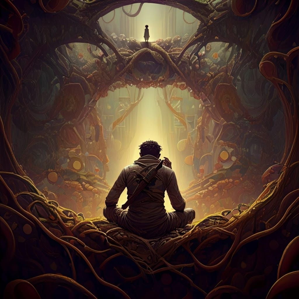 Surrealist Figure Lost in Mosaic Organic Patterns and Vines