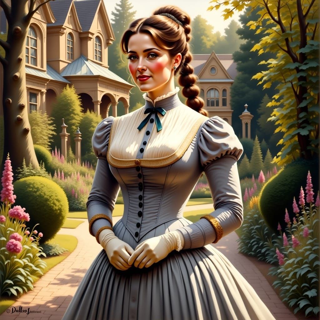 Elegant Victorian Lady Strolling Through a Charming City