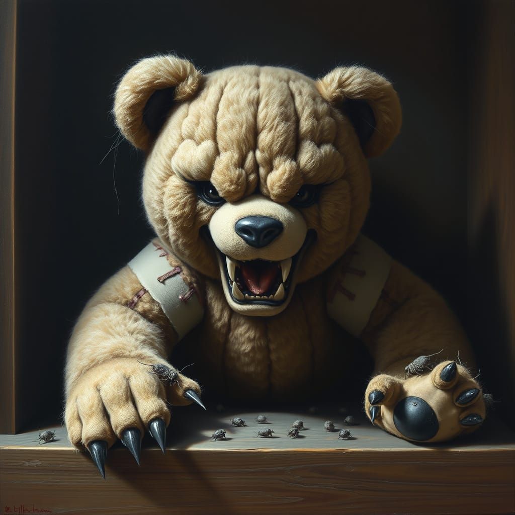 Menacing Teddy Bear Oil Painting in Gothic Style