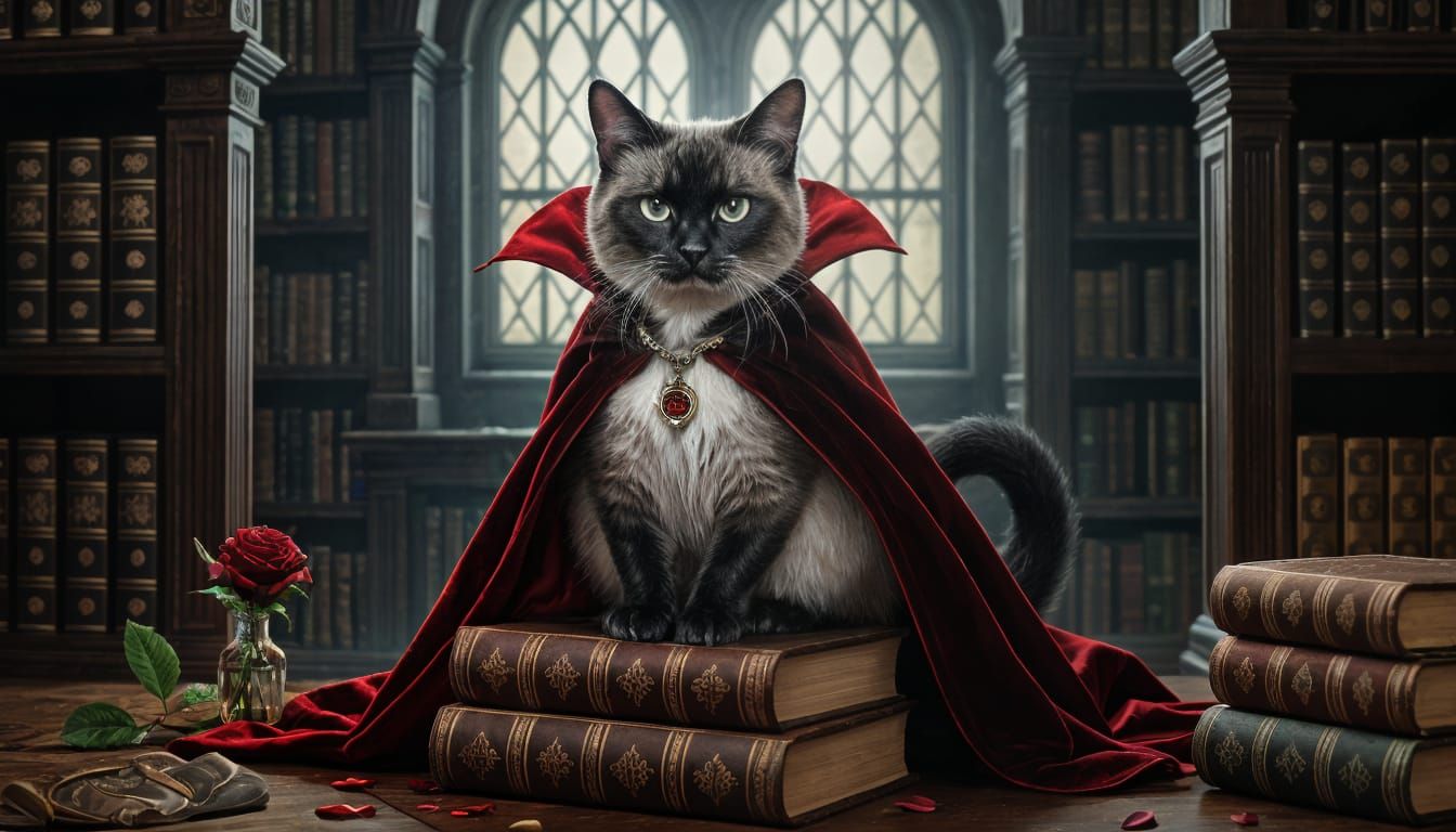 Siamese Vampire Cat on Antique Books