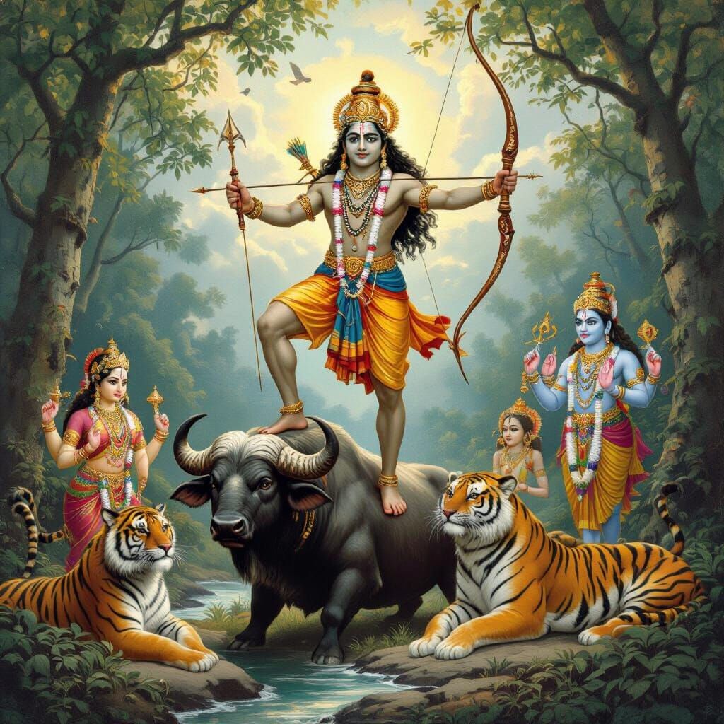 Ayyappa's Victory: Mythological Grandeur in Vibrant Colors