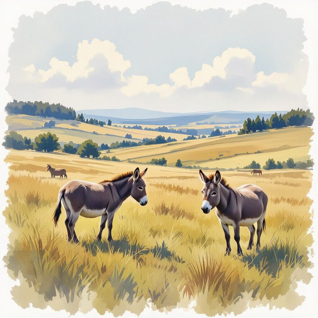 Donkeys in Meadow: Watercolour Landscape Painting