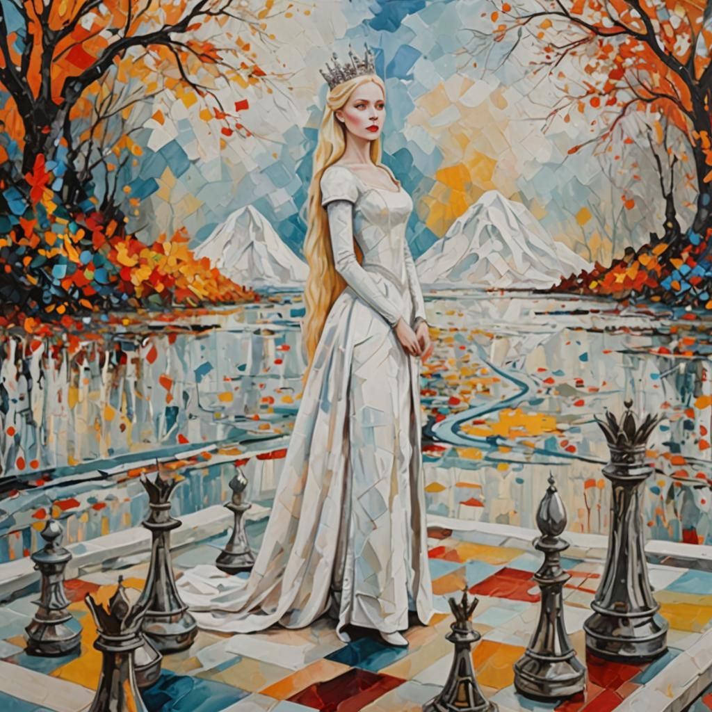 Elegant White Queen with Runners in Abstract Art