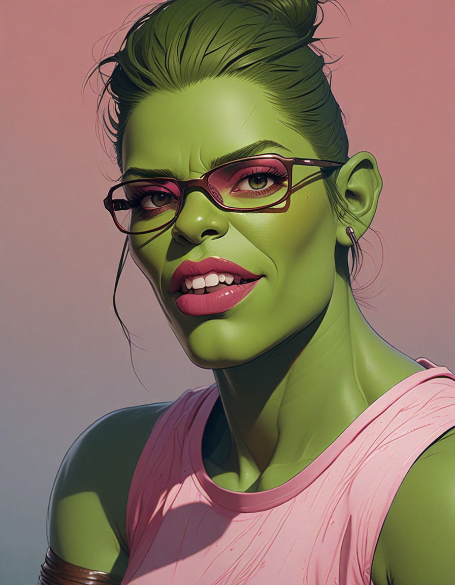 Green Skinned Goddess with Burgundy Braids and Rayban Sungla...