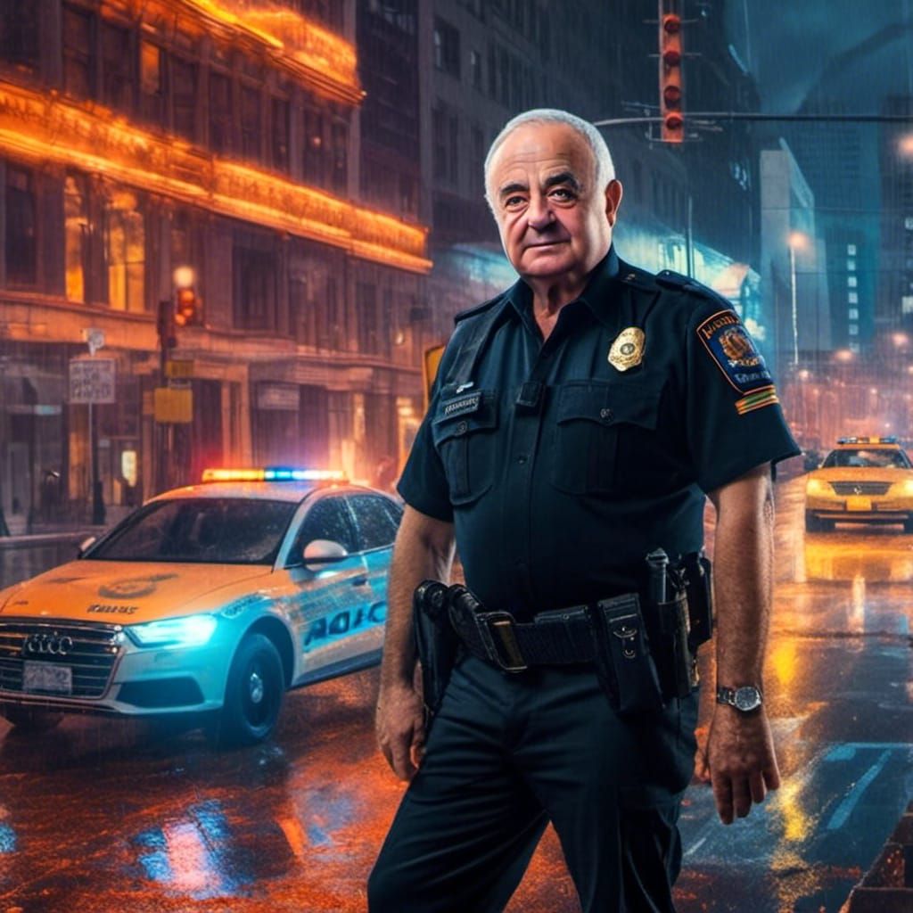 NYPD Officer in Vibrant Neon Cityscape