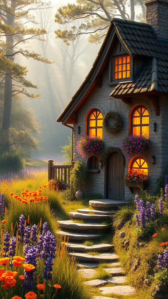 Enchanted Cottage in Lavender Meadow, Fairytale Scene