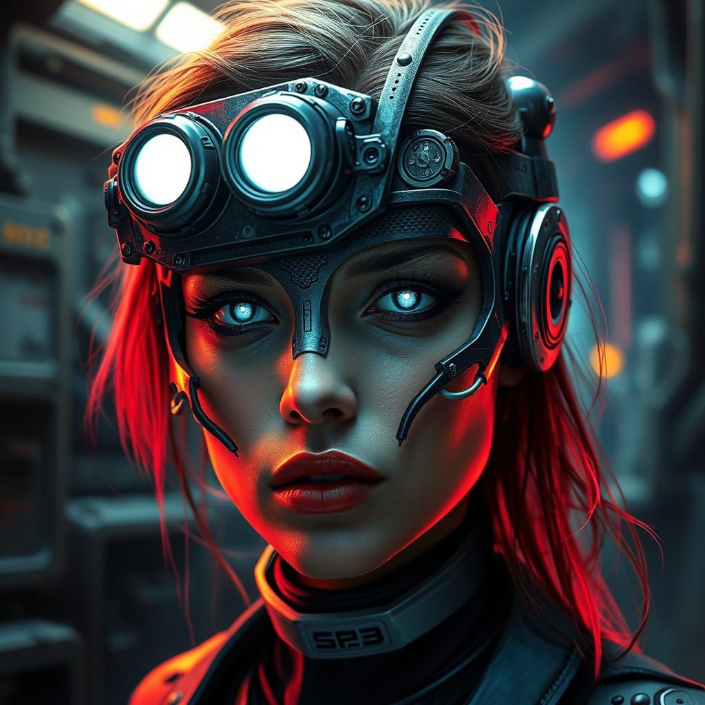 Cyberpunk Woman with Glowing Eyes and Mechanical Components